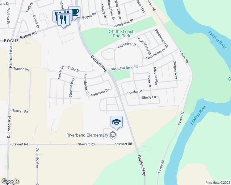 map of restaurants, bars, coffee shops, grocery stores, and more near 510 Radisson Drive in Yuba City