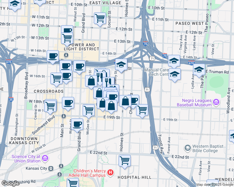 map of restaurants, bars, coffee shops, grocery stores, and more near 1711 Cherry Street in Kansas City