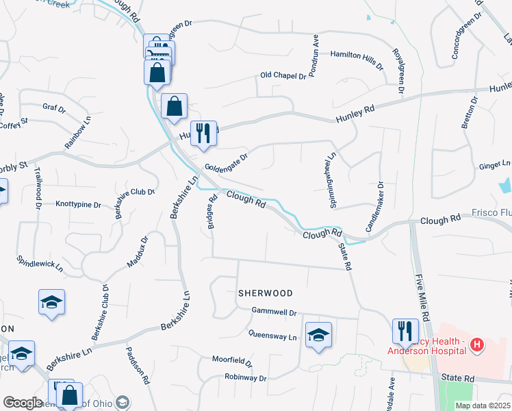map of restaurants, bars, coffee shops, grocery stores, and more near 7019 Clough Pike in Cincinnati