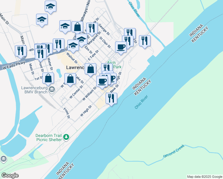 map of restaurants, bars, coffee shops, grocery stores, and more near 84 East High Street in Lawrenceburg