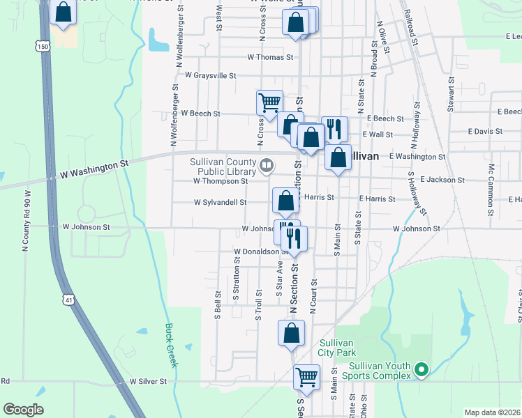 map of restaurants, bars, coffee shops, grocery stores, and more near 301-399 West Sylvandell Street in Sullivan