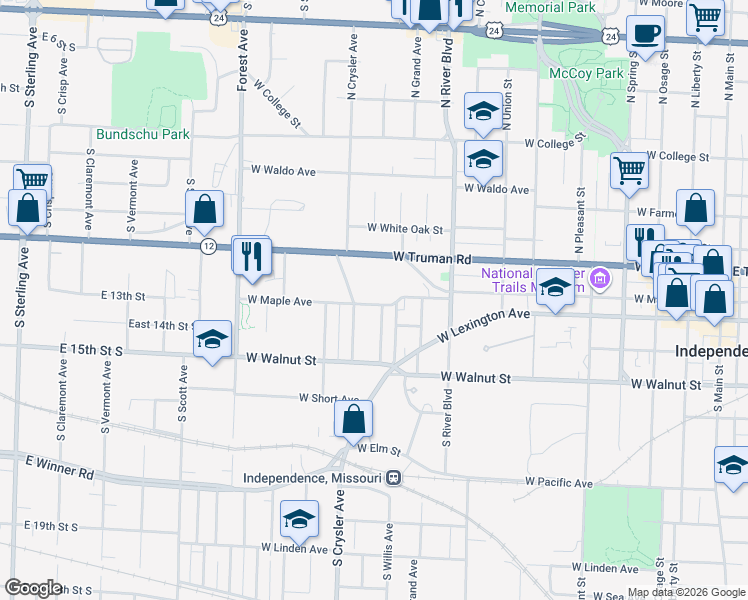 map of restaurants, bars, coffee shops, grocery stores, and more near 1212 West Maple Avenue in Independence