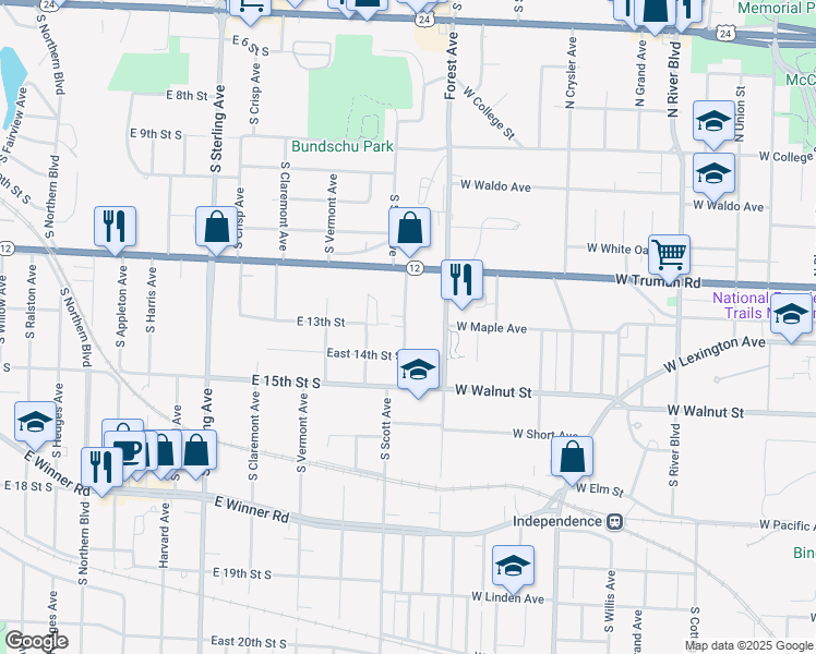 map of restaurants, bars, coffee shops, grocery stores, and more near 1228 South Cunningham Avenue in Independence