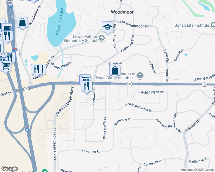 map of restaurants, bars, coffee shops, grocery stores, and more near 17995 White Marble Drive in Monument