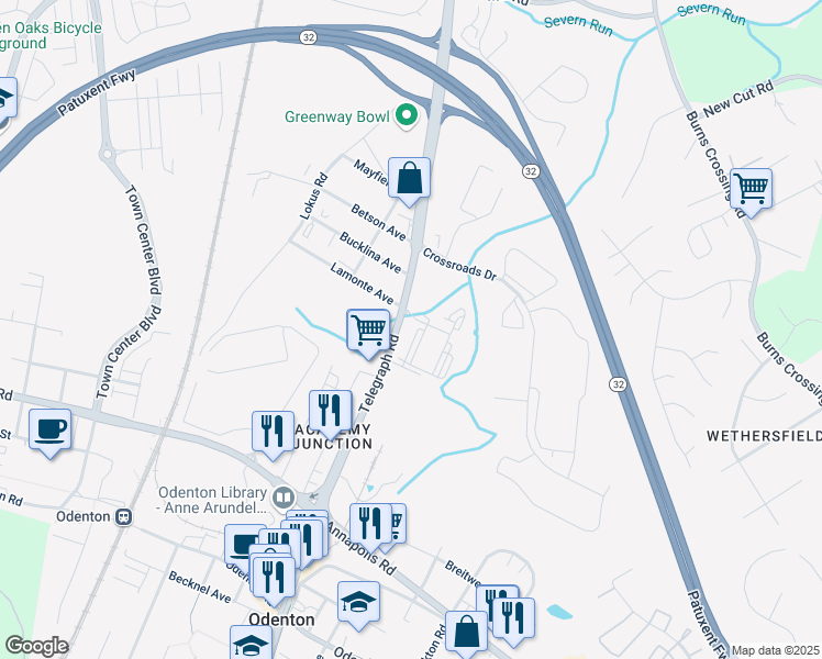 map of restaurants, bars, coffee shops, grocery stores, and more near 8319 Telegraph Road in Odenton