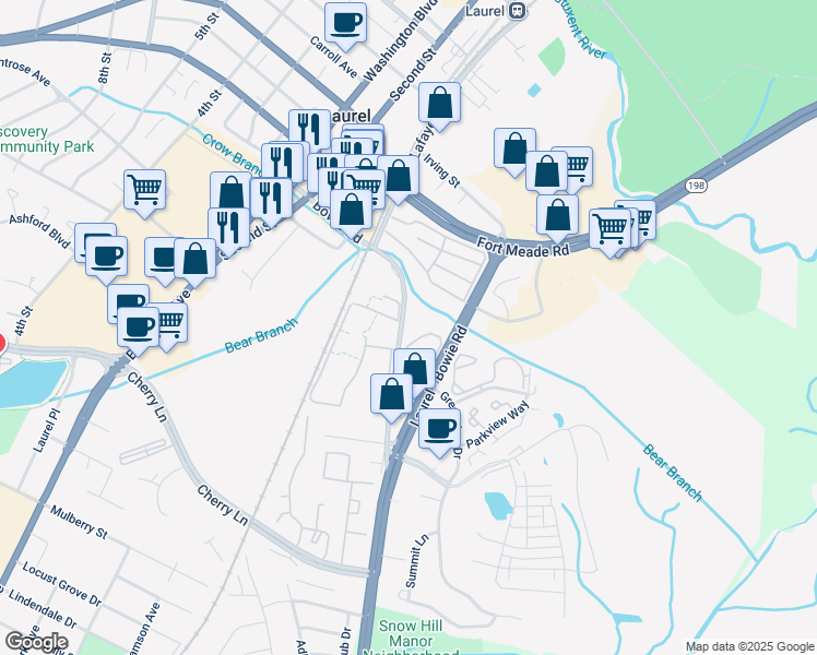 map of restaurants, bars, coffee shops, grocery stores, and more near 14801 Bowie Road in Laurel