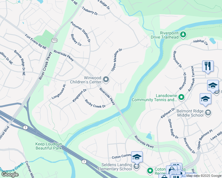 map of restaurants, bars, coffee shops, grocery stores, and more near 18901 Goose Bluff Court in Leesburg