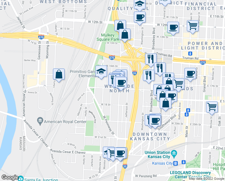 map of restaurants, bars, coffee shops, grocery stores, and more near 821 West 17 Street in Kansas City
