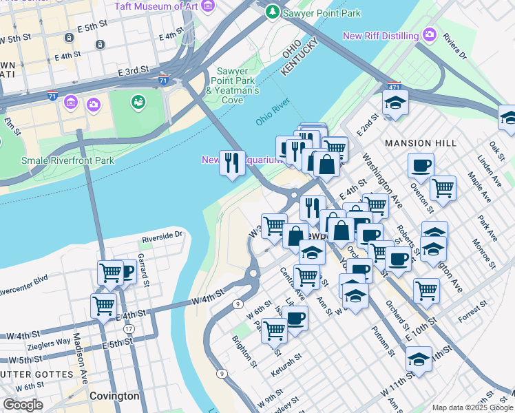 map of restaurants, bars, coffee shops, grocery stores, and more near 100 Riverboat Row in Newport