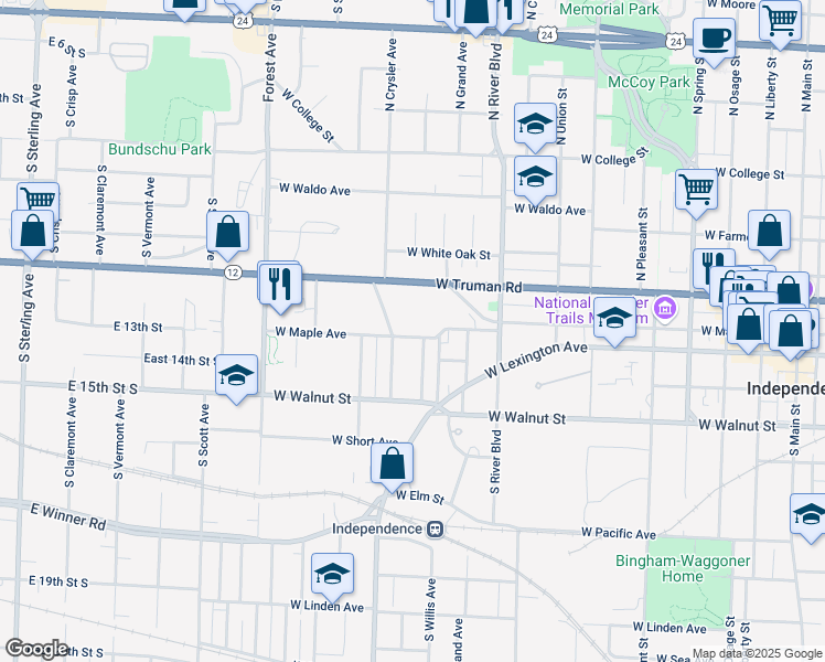 map of restaurants, bars, coffee shops, grocery stores, and more near 1206 West Maple Avenue in Independence