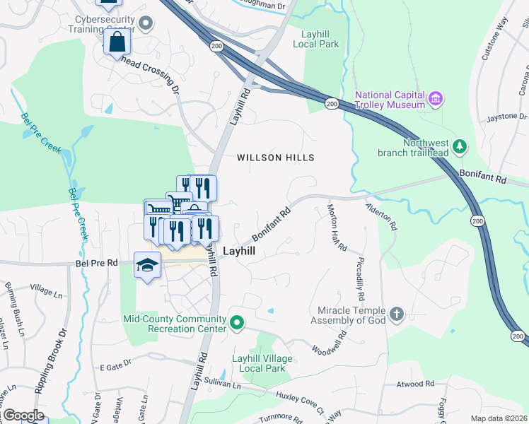 map of restaurants, bars, coffee shops, grocery stores, and more near 14309 Layhill Valley Court in Silver Spring
