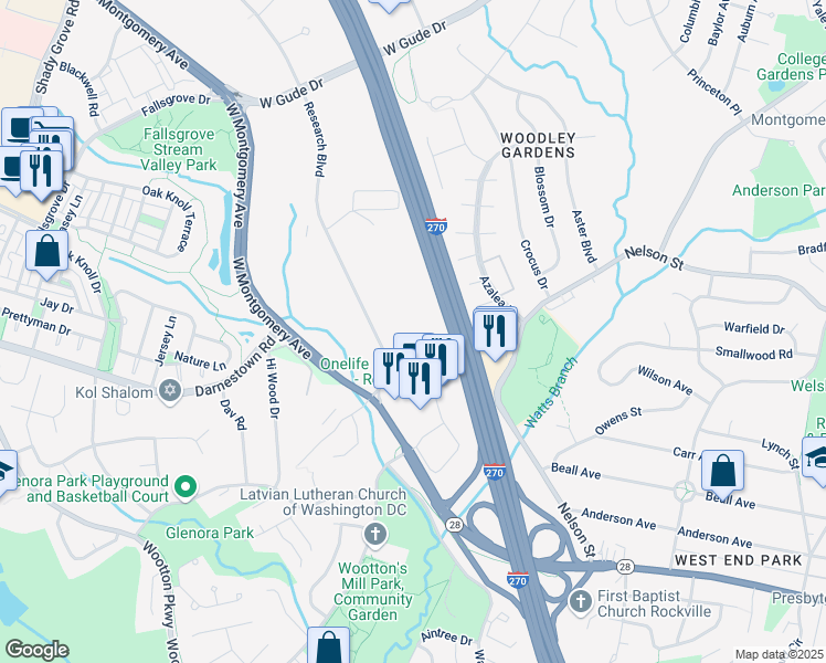 map of restaurants, bars, coffee shops, grocery stores, and more near 1445 Research Boulevard in Rockville