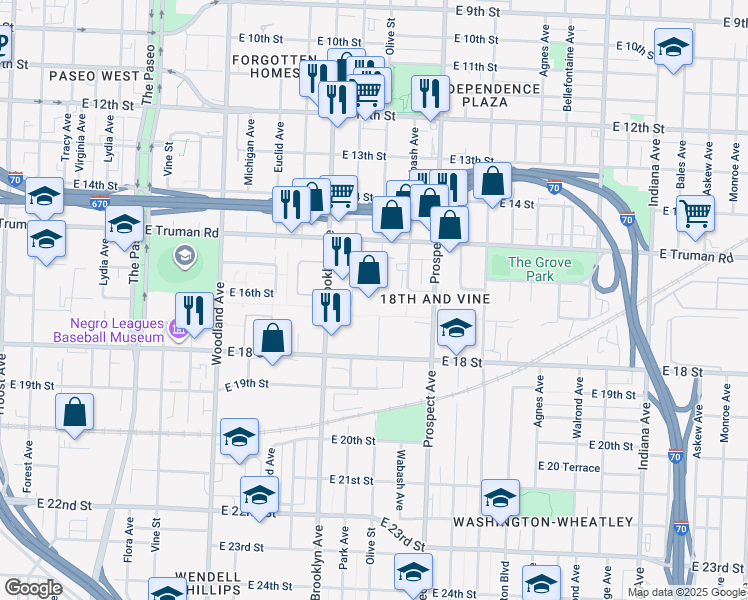 map of restaurants, bars, coffee shops, grocery stores, and more near 1600 Olive Street in Kansas City