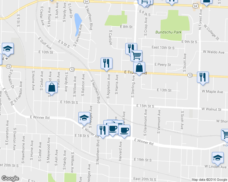 map of restaurants, bars, coffee shops, grocery stores, and more near 1400 South Harris Avenue in Independence