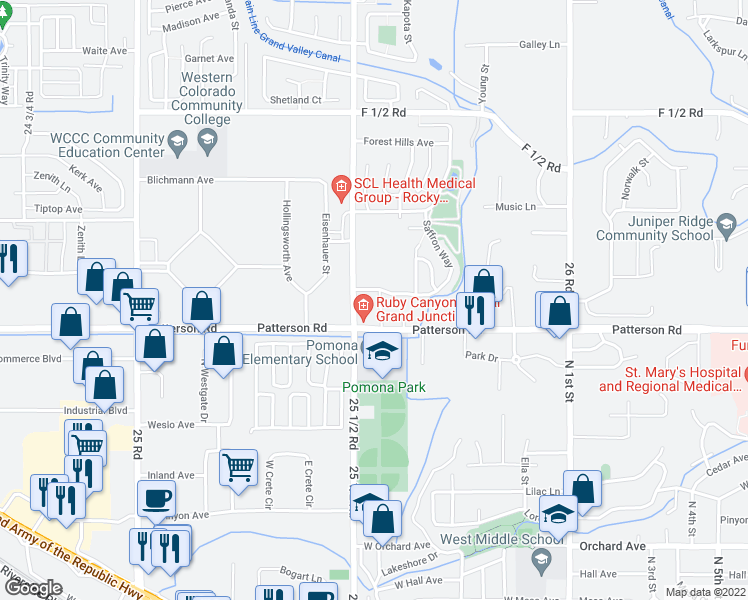 map of restaurants, bars, coffee shops, grocery stores, and more near 606 25 1/2 Road in Grand Junction