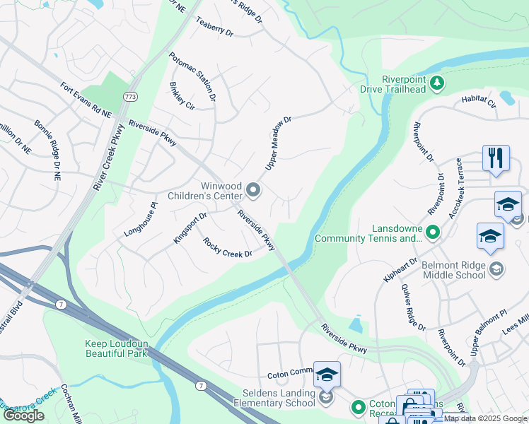 map of restaurants, bars, coffee shops, grocery stores, and more near 18901 Goose Bluff Court in Leesburg