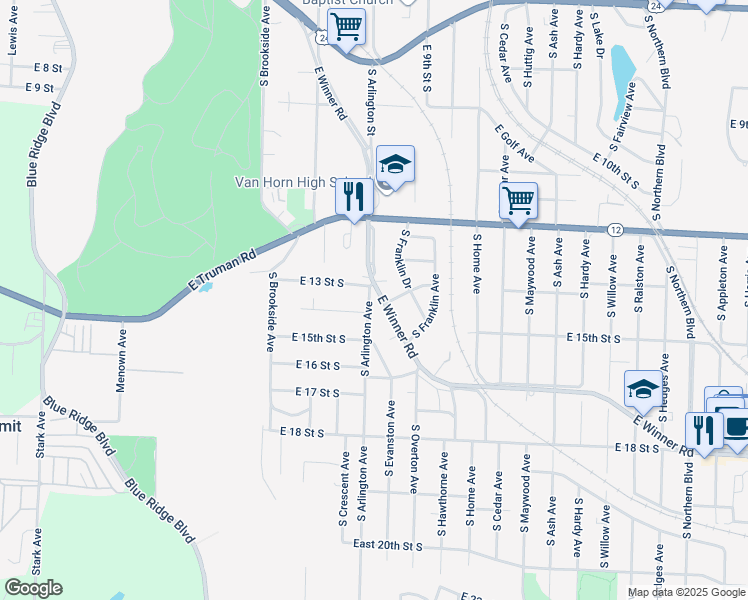 map of restaurants, bars, coffee shops, grocery stores, and more near 1323 South Arlington Avenue in Independence