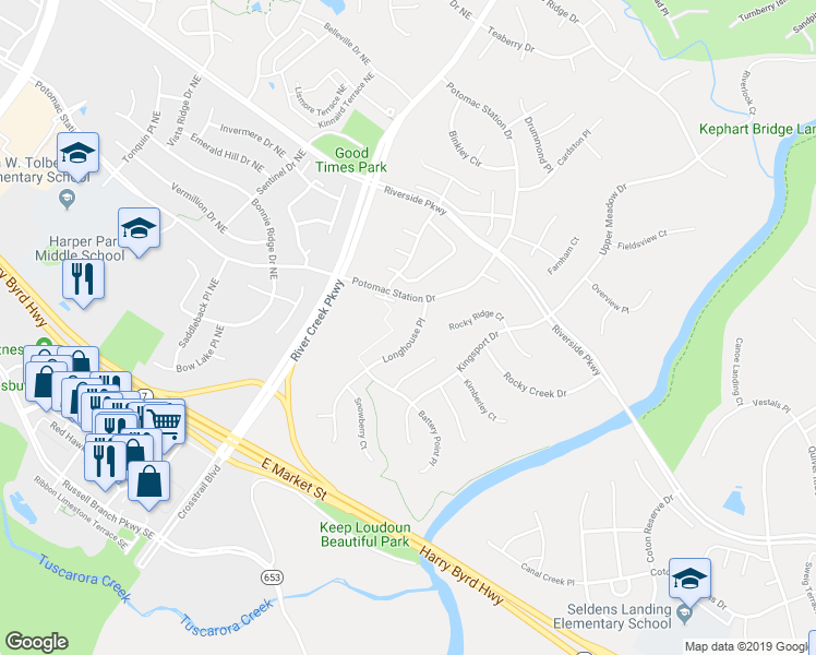 map of restaurants, bars, coffee shops, grocery stores, and more near 18897 Longhouse Place in Leesburg