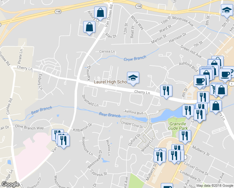 map of restaurants, bars, coffee shops, grocery stores, and more near 7914 Aylesford Lane in Laurel