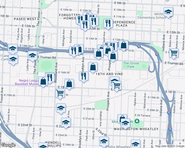 map of restaurants, bars, coffee shops, grocery stores, and more near 1600 Olive Street in Kansas City