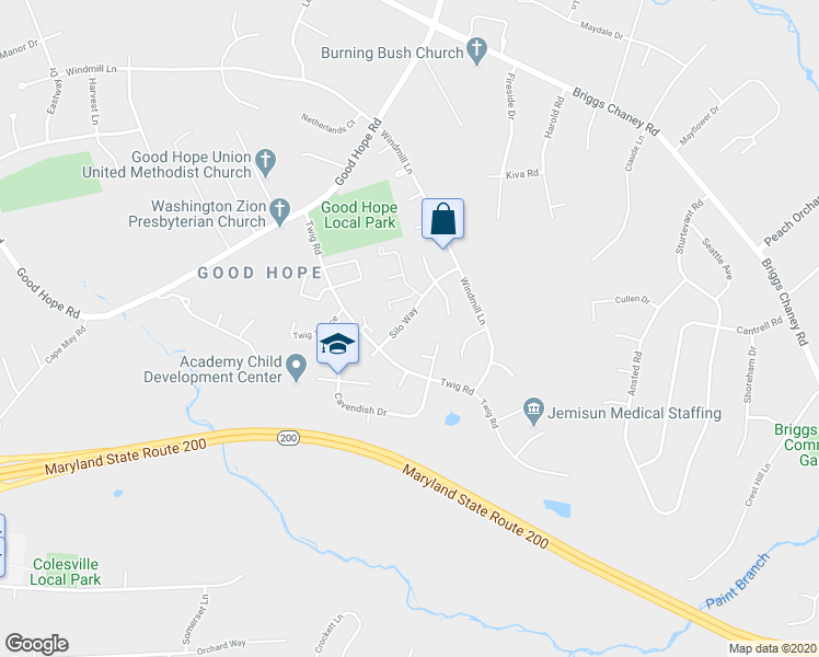 map of restaurants, bars, coffee shops, grocery stores, and more near 1421 Silo Way in Silver Spring