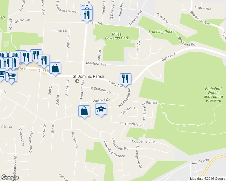 map of restaurants, bars, coffee shops, grocery stores, and more near 4342 Saint Dominic Drive in Cincinnati