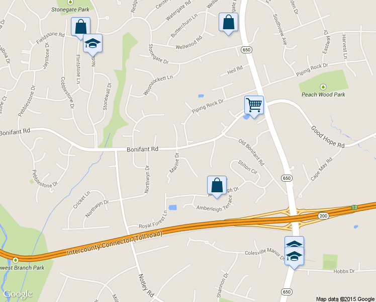 map of restaurants, bars, coffee shops, grocery stores, and more near 150 Bonifant Road in Silver Spring