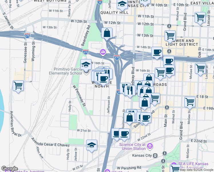 map of restaurants, bars, coffee shops, grocery stores, and more near 709 West 17th Street in Kansas City