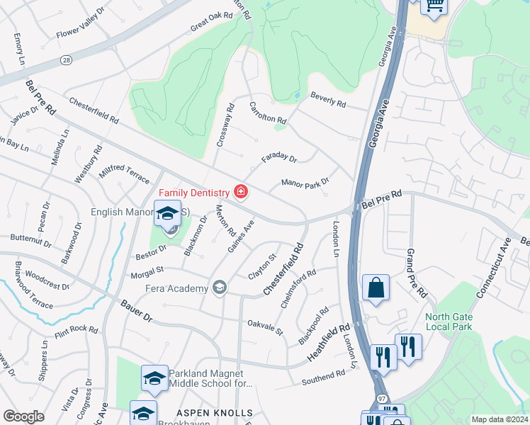 map of restaurants, bars, coffee shops, grocery stores, and more near 4217 Bel Pre Road in Rockville