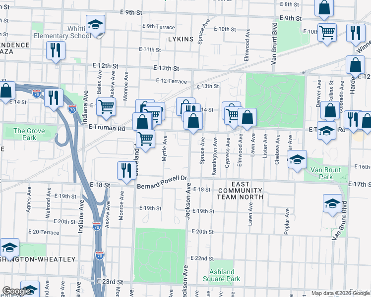 map of restaurants, bars, coffee shops, grocery stores, and more near 1600 Jackson Avenue in Kansas City