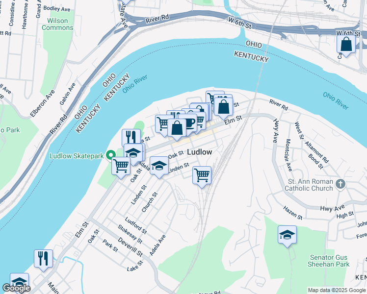 map of restaurants, bars, coffee shops, grocery stores, and more near 38 Walnut Alley in Ludlow