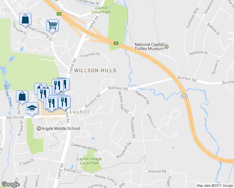 map of restaurants, bars, coffee shops, grocery stores, and more near 1 Shilling Court in Silver Spring