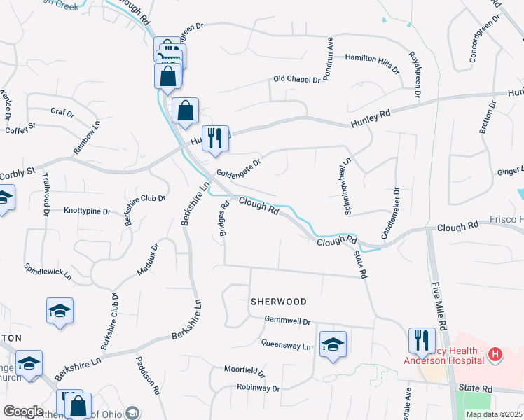 map of restaurants, bars, coffee shops, grocery stores, and more near 7019 Clough Pike in Cincinnati