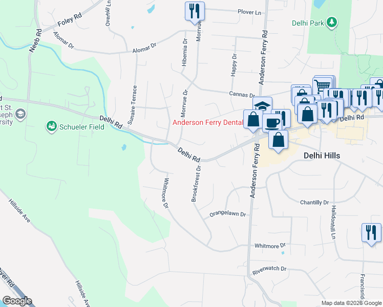 map of restaurants, bars, coffee shops, grocery stores, and more near 5424 Delhi Road in Cincinnati