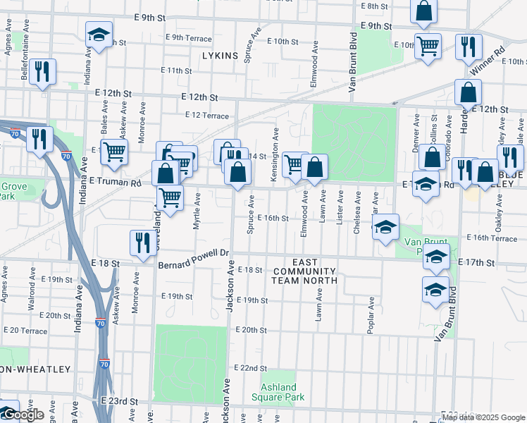 map of restaurants, bars, coffee shops, grocery stores, and more near 1516 Kensington Avenue in Kansas City