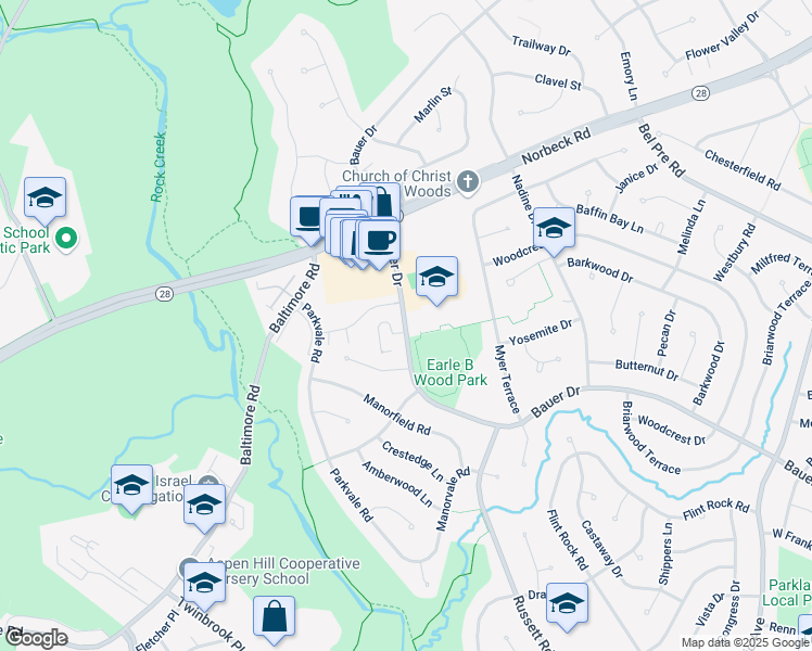map of restaurants, bars, coffee shops, grocery stores, and more near 14613 Bauer Drive in Rockville