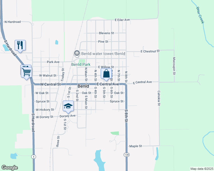 map of restaurants, bars, coffee shops, grocery stores, and more near 500 East Central Avenue in Benld