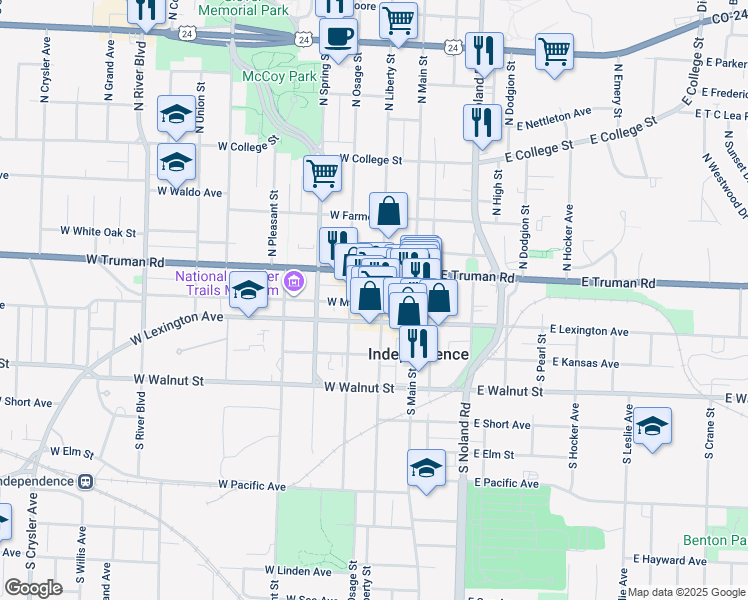 map of restaurants, bars, coffee shops, grocery stores, and more near 202 W Maple Ave in Independence
