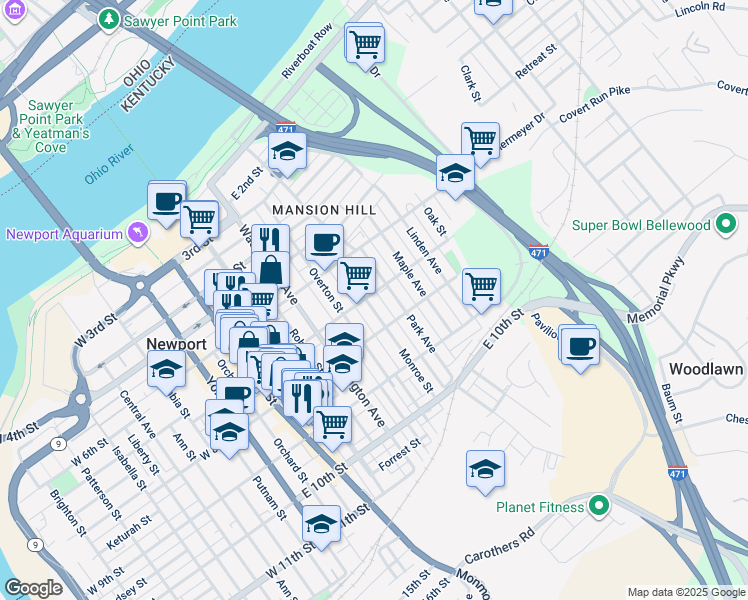 map of restaurants, bars, coffee shops, grocery stores, and more near 701 Monroe Street in Newport