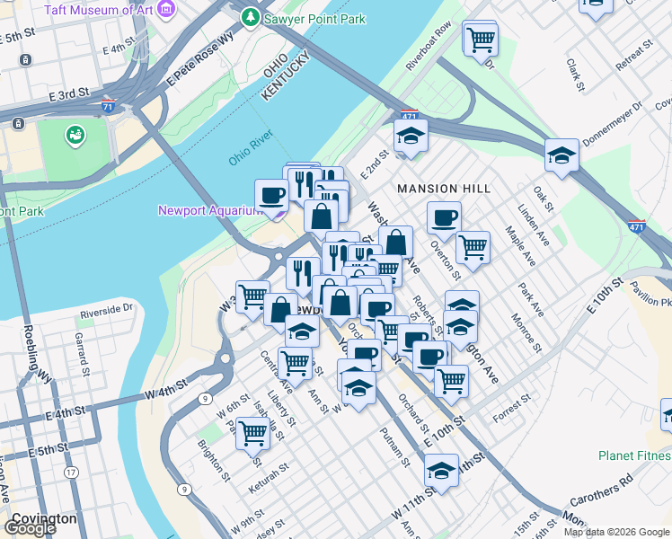 map of restaurants, bars, coffee shops, grocery stores, and more near 342 Monmouth Street in Newport