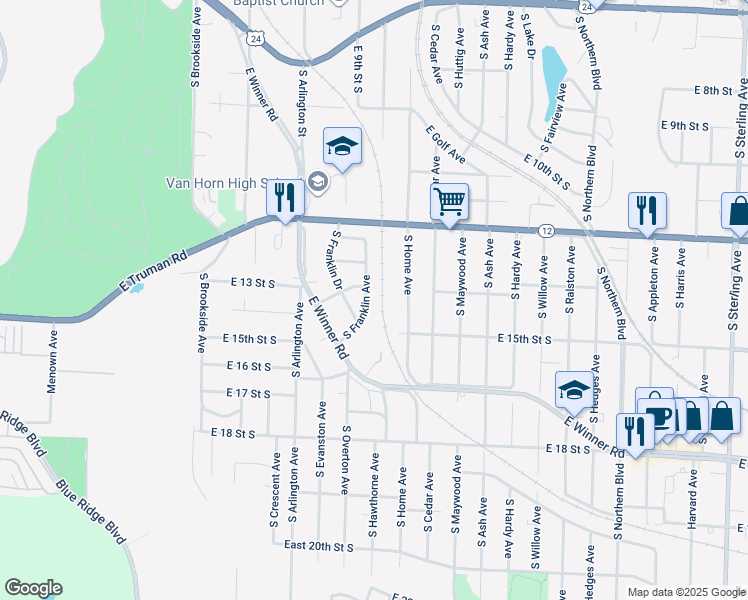 map of restaurants, bars, coffee shops, grocery stores, and more near 1405 South Franklin Avenue in Independence