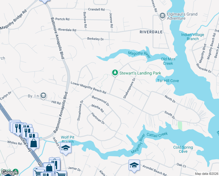 map of restaurants, bars, coffee shops, grocery stores, and more near 296 Tolstoy Lane in Severna Park