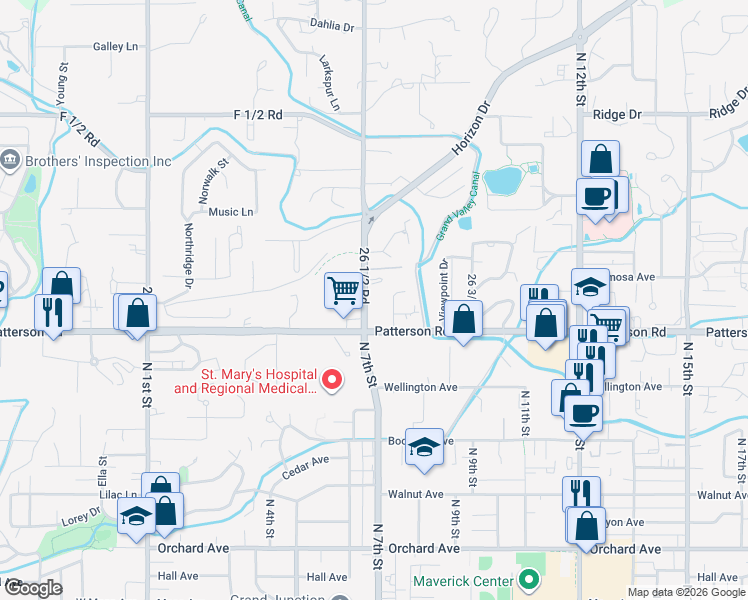 map of restaurants, bars, coffee shops, grocery stores, and more near 606 26 1/2 Rd in Grand Junction