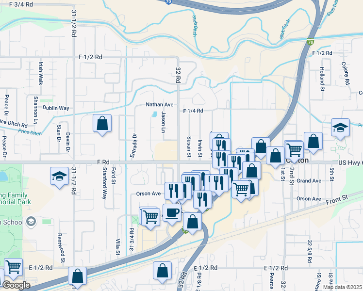 map of restaurants, bars, coffee shops, grocery stores, and more near 608 32 Road in Clifton
