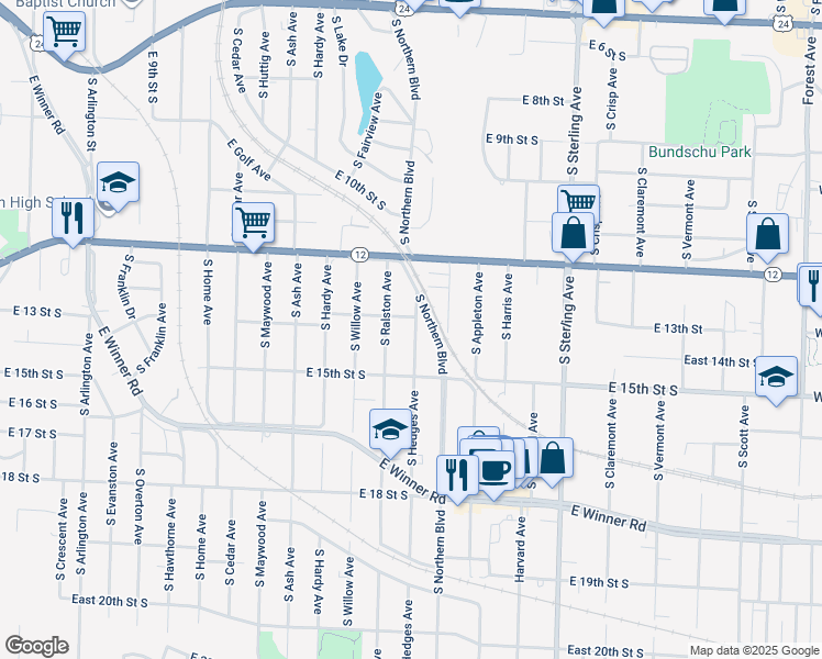 map of restaurants, bars, coffee shops, grocery stores, and more near 1406 South Hedges Avenue in Independence