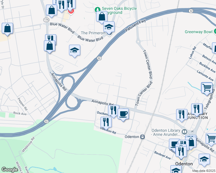 map of restaurants, bars, coffee shops, grocery stores, and more near 322 Baldwin Road in Odenton