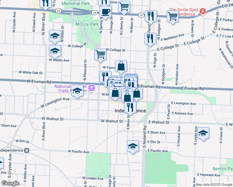 map of restaurants, bars, coffee shops, grocery stores, and more near 202 West Maple Avenue in Independence