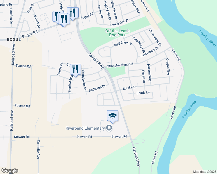 map of restaurants, bars, coffee shops, grocery stores, and more near 510 Radisson Drive in Yuba City