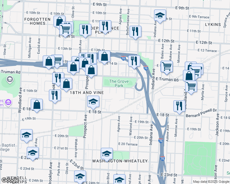 map of restaurants, bars, coffee shops, grocery stores, and more near 2919 Agnes Avenue in Kansas City