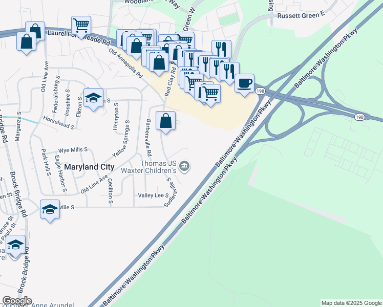 map of restaurants, bars, coffee shops, grocery stores, and more near 3465 Andrew Court in Maryland City